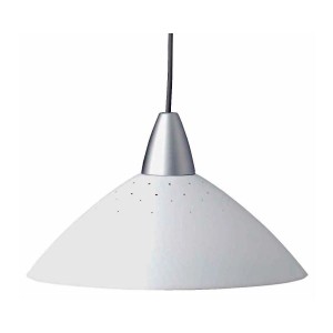 Weiße Pendelleuchte Logo mit silbernem Kabel, Lampenschirm aus Metall und Kunststoff.