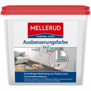 Mellerud Schimmel Stopp Ausbesserungsfarbe, weiße Farbe im Eimer für Wand und Decke.