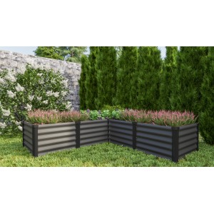 Vitavia Linus Hochbeet in L-Form, Granit-Schwarz, bepflanzt im Garten.
