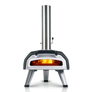 Ooni Karu 2 Multi-Brennstoff Pizzaofen für Outdoor-Genuss. Kompakter Gasgrill mit Edelstahl-Design und Flamme im Ofen.