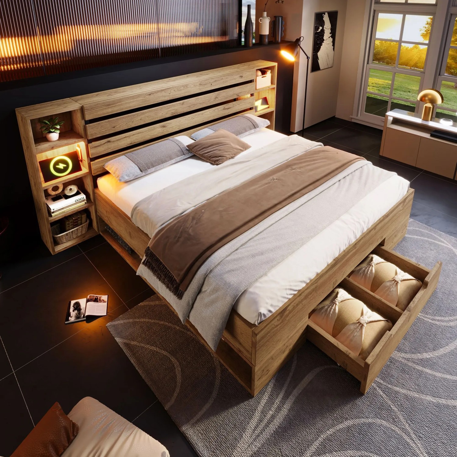 okwish Holzbett 160x200cm mit LED USB Stauraum Kopfteil Schlafzimmer Eiche ohne Matratze_2