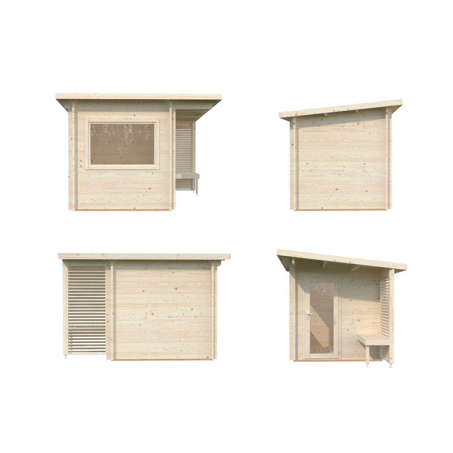 Palmako Sauna Sanna 210x210cm, hellgrau-anthrazit, mit Eingangsbereich und Bank. Saunahaus aus Fichtenholz.