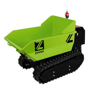 Grün-schwarzer Zipper Elektro-Dumper ZI-ED400 mit Kettenantrieb, hydraulischer Kippmulde und Warnleuchte.