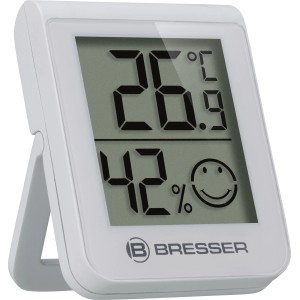 Weißes BRESSER HumiTemp Thermo-Hygrometer mit Temperatur- und Luftfeuchtigkeitsanzeige.