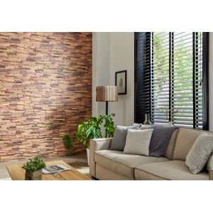 Wohnraum mit Rebel of Styles Verblender UltraLight Colorado Teak HD Printed an der Wand.