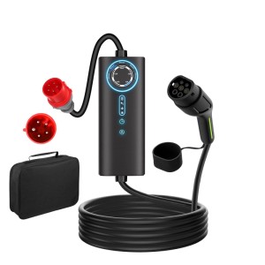 Schwarzes Junsun 11kW Typ 2 EV-Ladegerät mit 10m 3-phasigem Kabel, rotem CEE-Stecker, Steuerbox und Tasche.