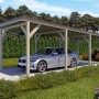 Holzbrüder Einzelcarport Ralf Natur mit dunkelbraunem Blechdach und Auto.