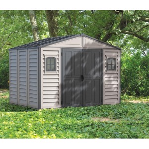Duramax Kunststoff-Gartenhaus WoodBridge Plus II, anthrazit, 7,6 m² im Garten.