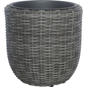 Grauer Pflanztopf (44x44x44 cm) in gewebter Polyrattan-Optik für Innen- und Außenbereich.