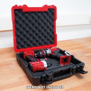 Offener Einhell E-Box Werkzeugkoffer (33x35cm) mit Werkzeugen und Schaumstoff-Innenfutter.