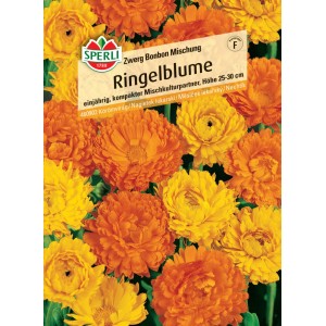 Samenpackung Ringelblume Zwerg Bonbon Mischung mit gelben und orangen Blüten.