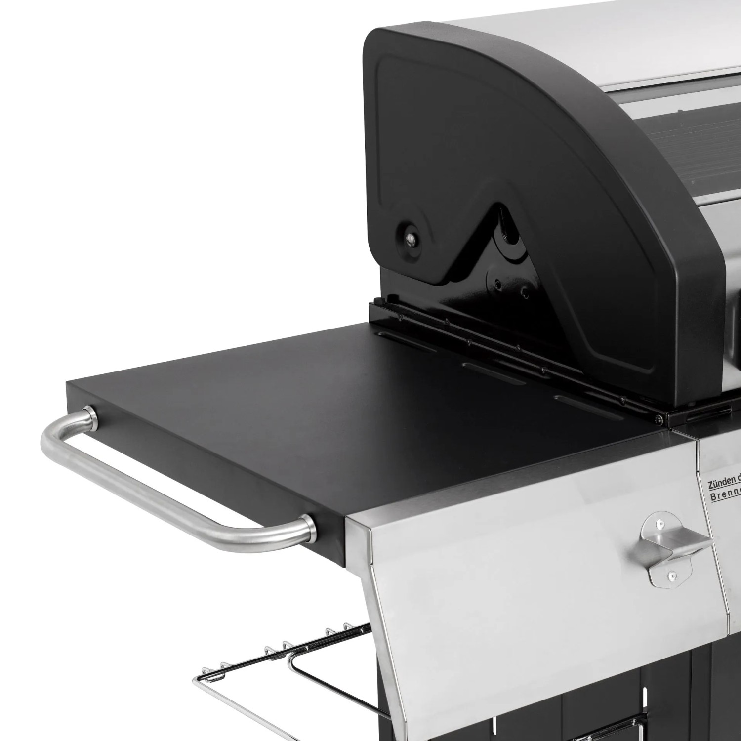 Detailaufnahme: El Fuego Edelstahl-Gasgrill Long Beach mit Seitenablage.