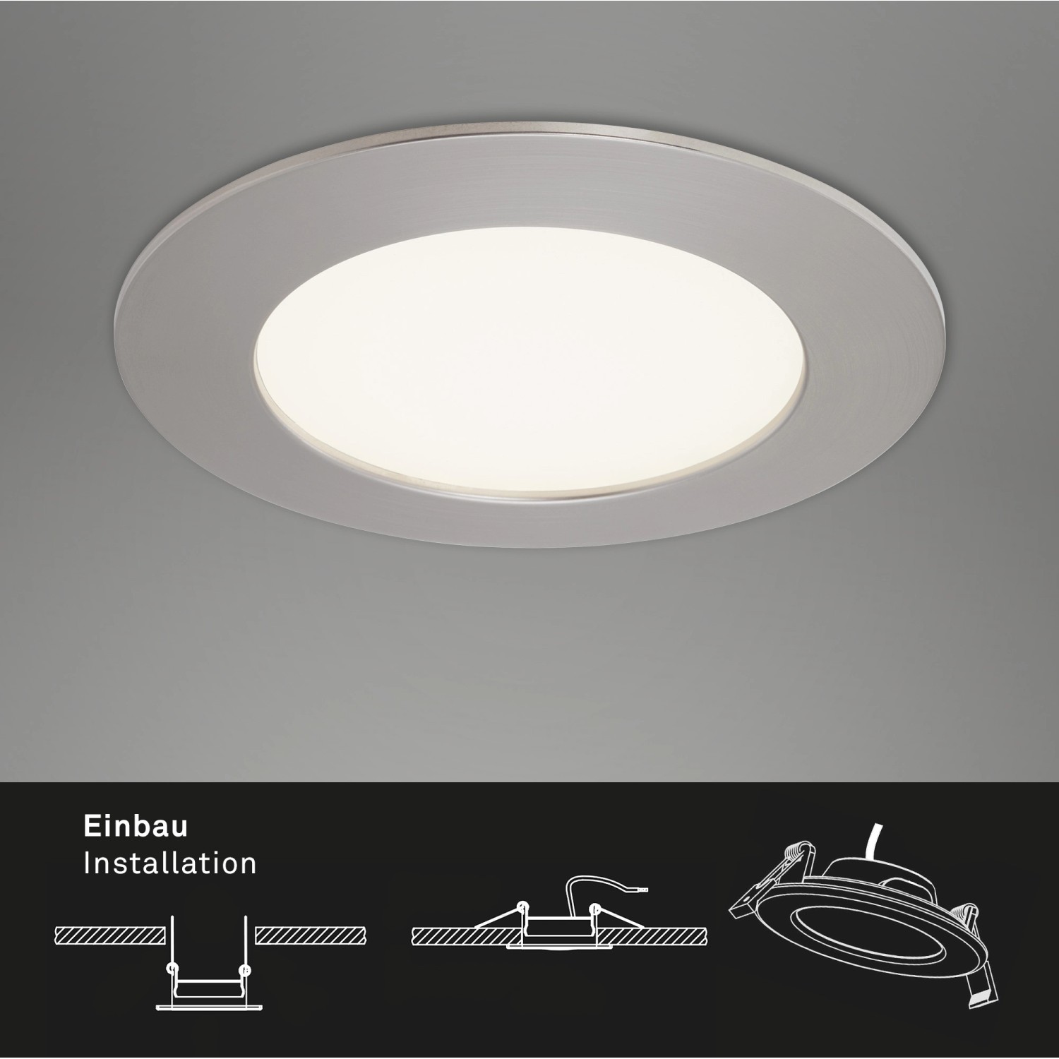 Briloner LED-Einbauleuchte 3er-Set, Nickel matt, Ø 12cm, mit Montagehinweis.