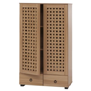 Brauner Wohnzimmerschrank mit 3D-Flechtmuster, zwei Türen und Schubladen.