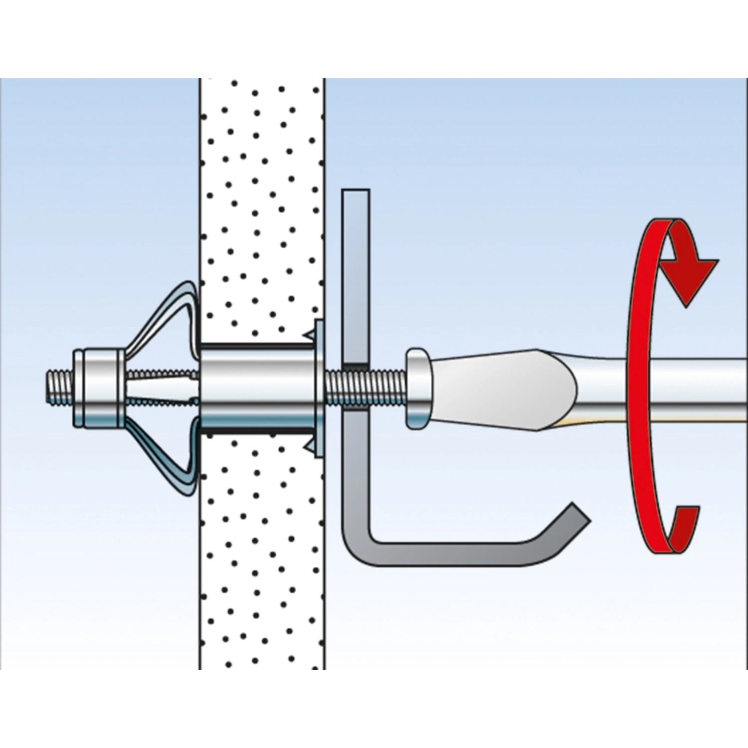Fischer HM 4x45 S K Hohlraumdübel mit Schraube, Montage in Gipskartonwand dargestellt.