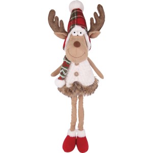 Stehendes Stoff-Rentier in Rot und Grün als festliche Weihnachtsdekoration.