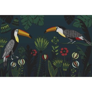 Fototapete Papageien Pflanzen Bunt Grün Schwarz Rot Gelb 4,00 m x 2,70 m FSC®