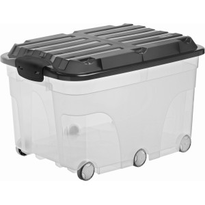 Rotho Rollbox Roller 6, 57 l, transparente Aufbewahrungsbox mit grauem Deckel und 6 Rollen.