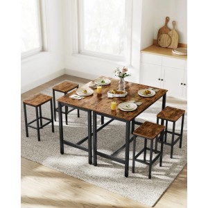 Songmics Bartisch Delon Set mit 4 Hockern, braun-schwarz, im Vintage-Look für Küche oder Esszimmer.