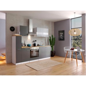 Respekta Küchenzeile KB240WGC in Grau-Weiß mit Elektrogeräten und Arbeitsplatte in Nussbaumoptik.