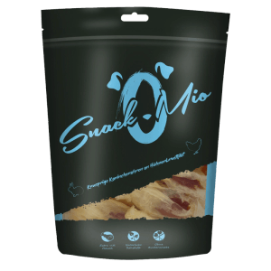 SnackOMio Kausnack für Hunde, Kaninchenohren mit Hühnerbrustfilet im schwarzen Beutel.