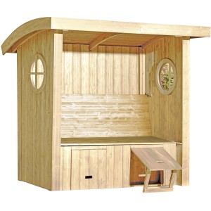 Weka Gartenlaube Merano aus gebürstetem Holz mit Runddach und Stauraum unter der Sitzfläche.