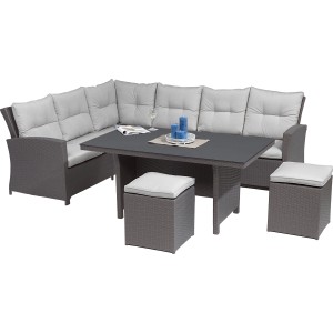 5-teiliges Lounge-Set Vermont mit Esstisch, Polyrattan in Deep Water Concrete, inkl. Auflagen und Kissen.