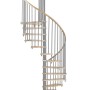 Minka Spindeltreppe Spiral Wood Eiche Grau, Durchmesser 120 cm. Innentreppe mit Holzstufen und grauem Geländer.