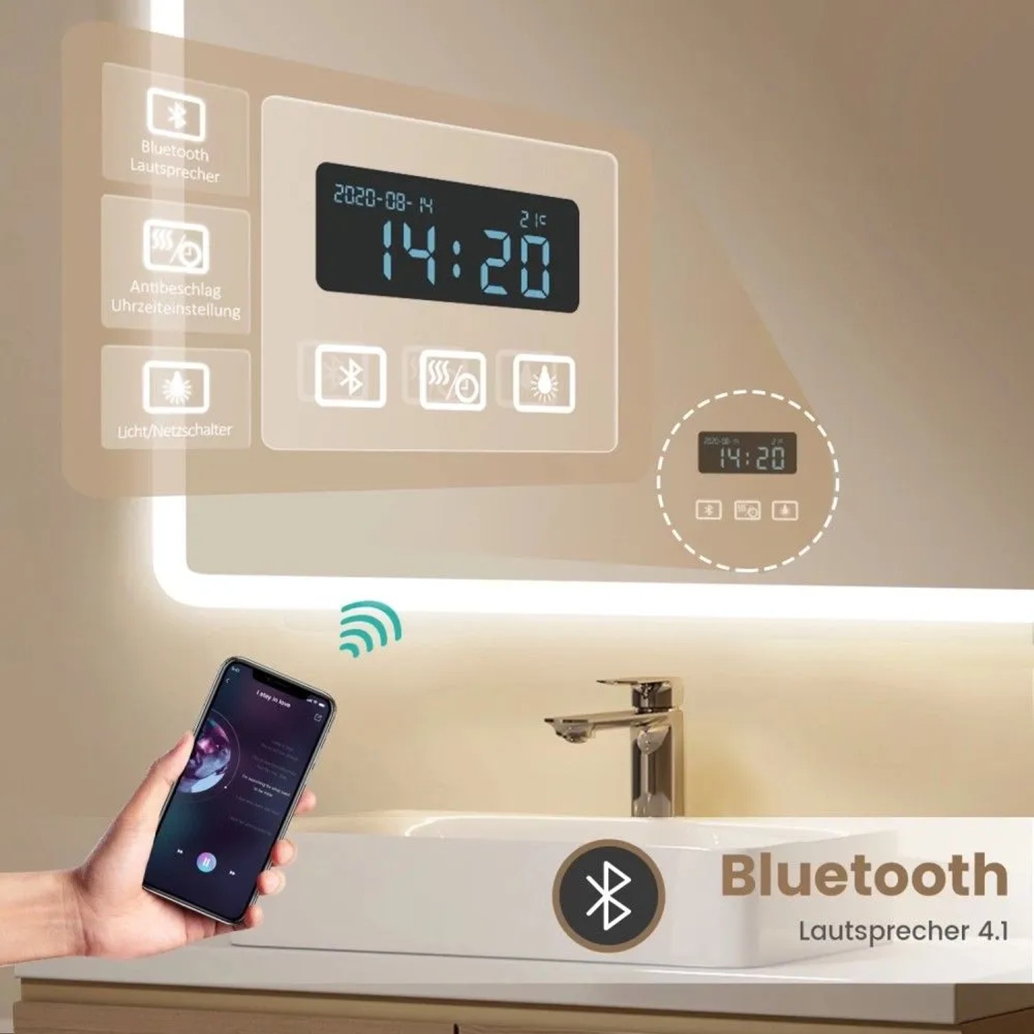 Emke Badspiegel mit LED-Licht, Bluetooth-Lautsprecher, digitaler Zeit- und Temperaturanzeige.