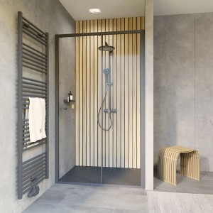 Schulte Schiebetür Trend 2.0 in Mattschwarz, 200x120 cm, für Nische im Badezimmer.