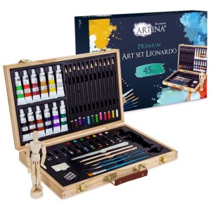 Artina Leonardo Malset, 45-teilig im Holzkoffer mit Farben, Stiften, Pinsel und Gliederpuppe.