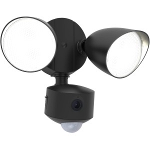 Moderne, mattschwarze Lutec LED-Kameraleuchte Draco mit zwei beweglichen Leuchten und integrierter Kamera.