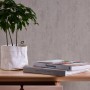 Vliestapete Trendwall 2 Uni Grau Silber Glänzend an Wand, mit Pflanze und Büchern auf Tisch.