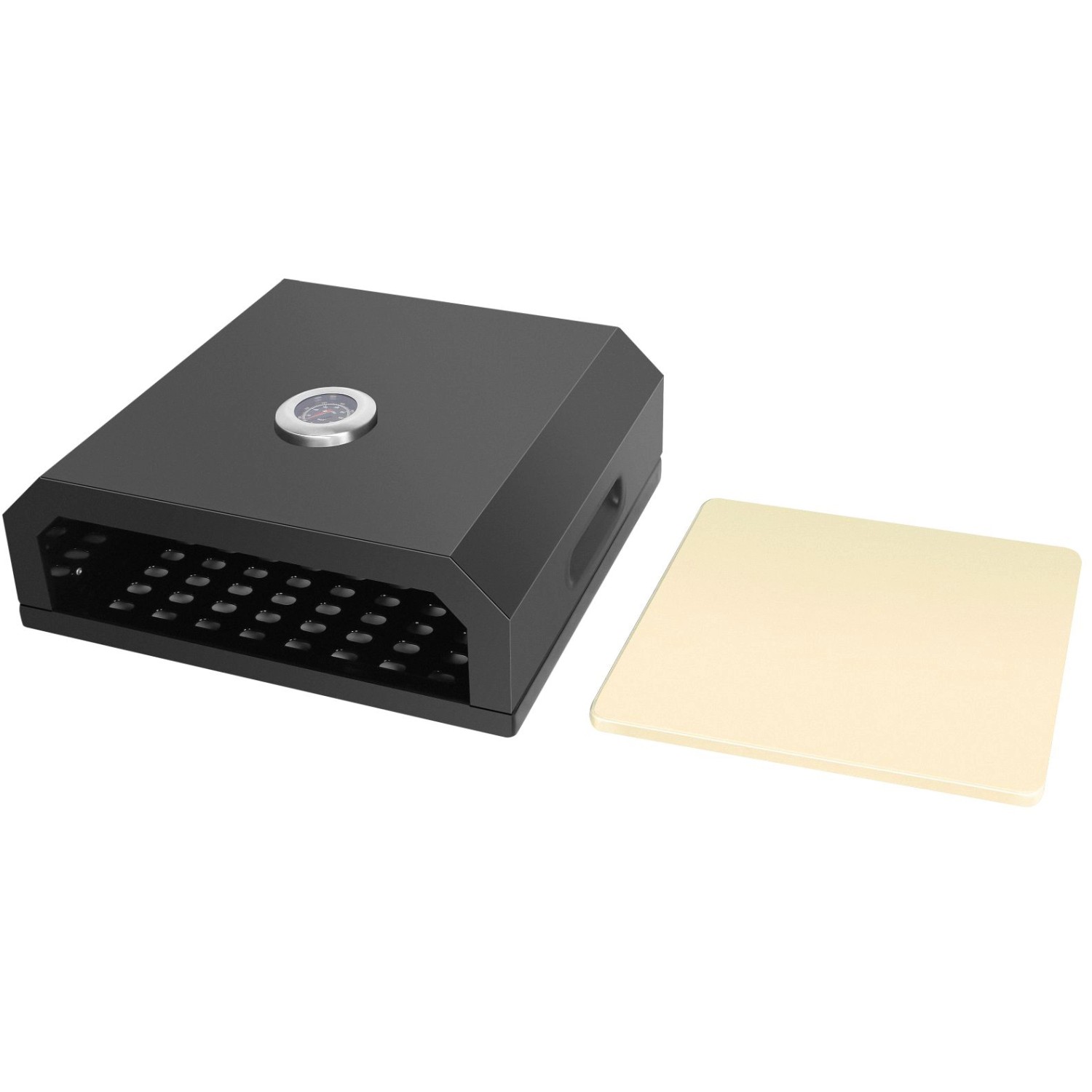 EL Fuego Pizzaaufsatz, schwarz, mit Pizzastein. Grillutensil für knusprige Pizza.