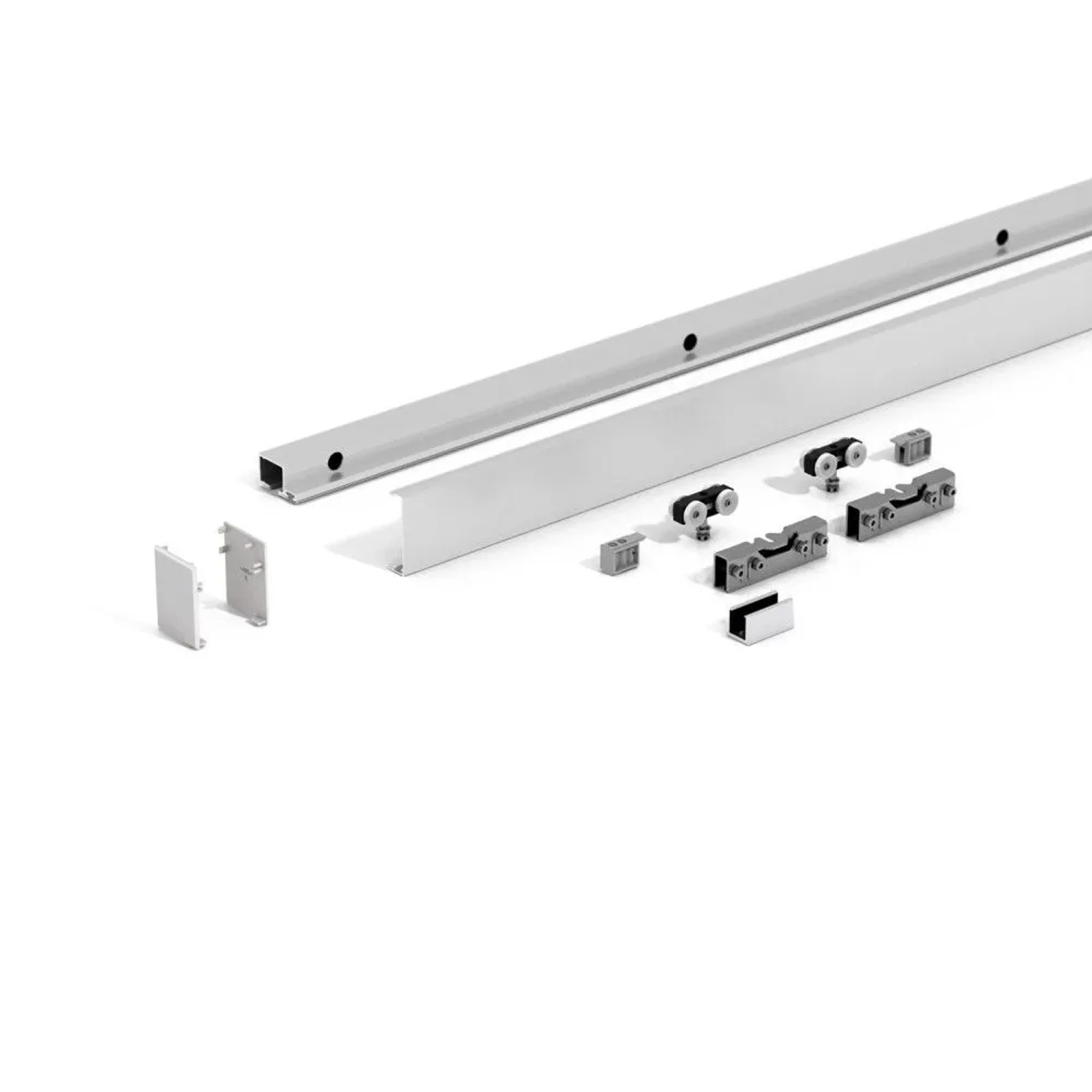 Levidor Glasschiebetür Komplettset: Aluminium Laufschiene, Laufwagen und Montagezubehör für Schiebetüren mit SoftClose.