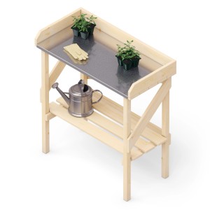Upyard Pflanztisch Classic aus Nadelholz mit Stahlplatte, Gießkanne, Handschuhe und Pflanzen.
