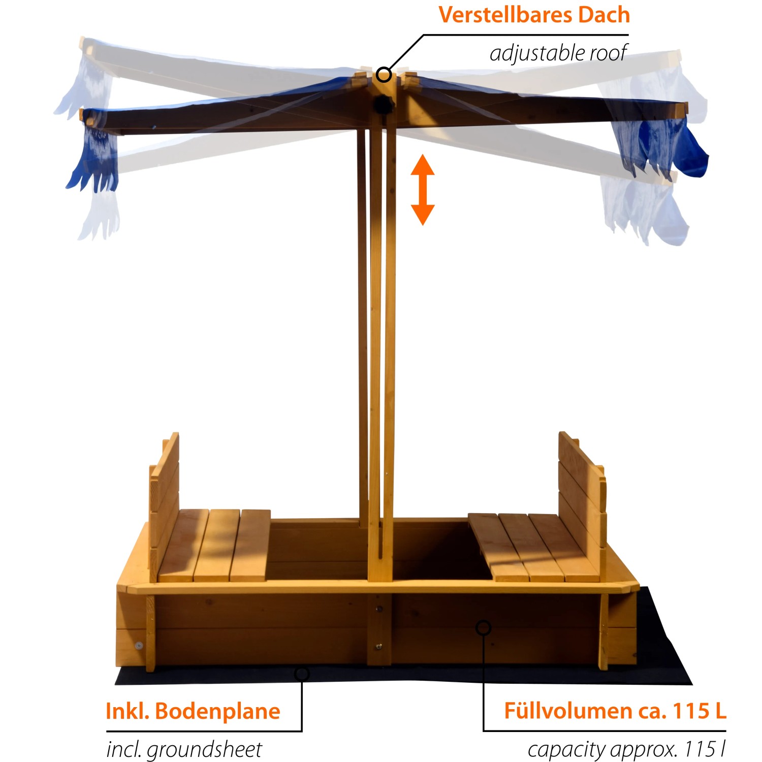 Dobar Sandkasten mit Dach, 112x112 cm, aus FSC-Holz, mit verstellbarem Sonnenschutz und Bodenplane.