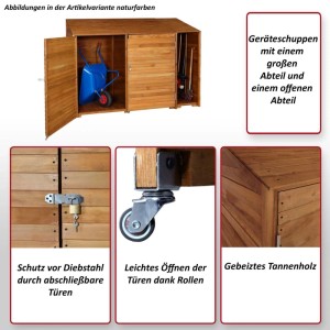 MCW Geräteschuppen aus Holz, gebeizt, mit zwei Abteilen und abschließbaren Türen.