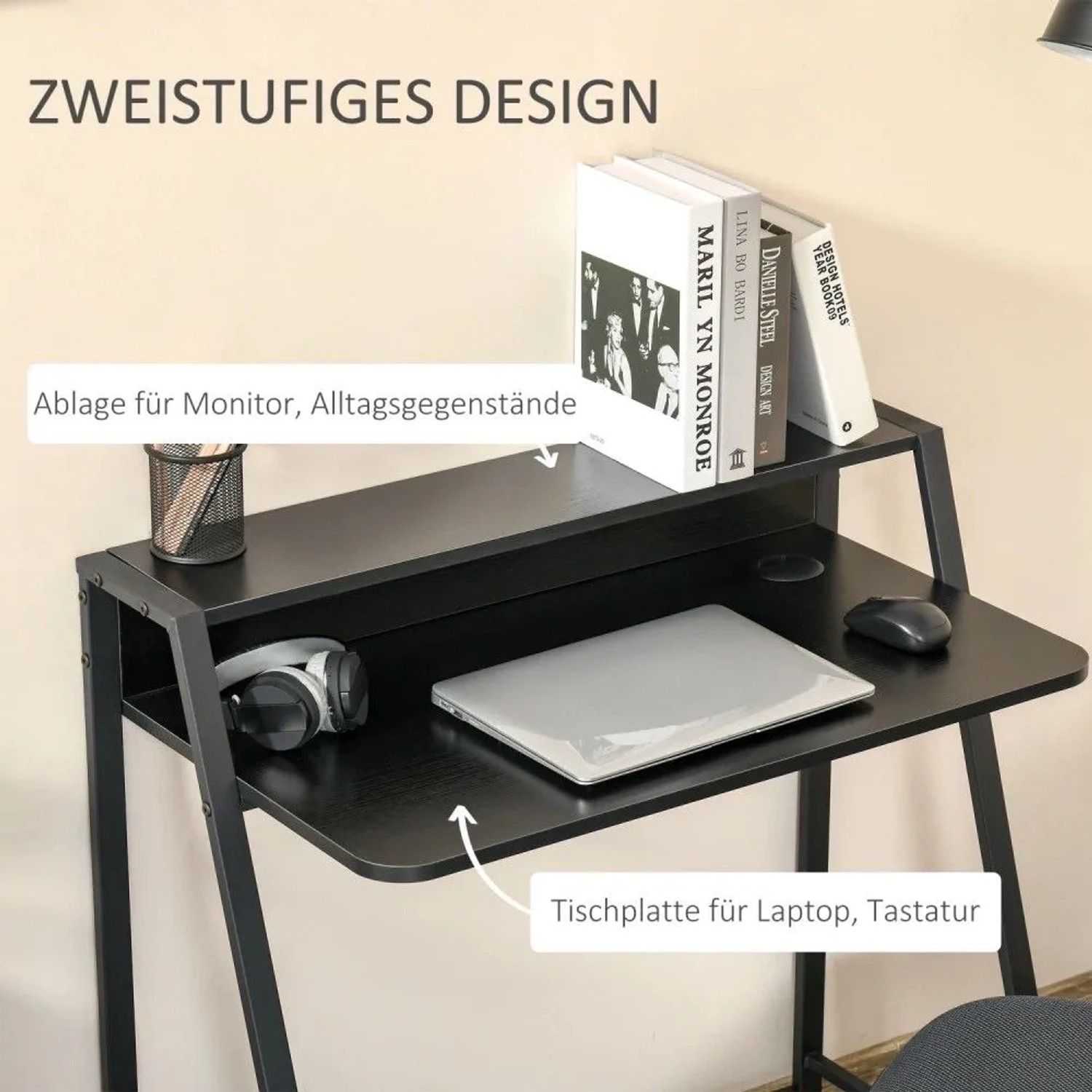 Schwarzer Metall Schreibtisch mit zweistufigem Design, Ablagefach und Kabeldurchlass. Ideal für Laptop und Monitor.