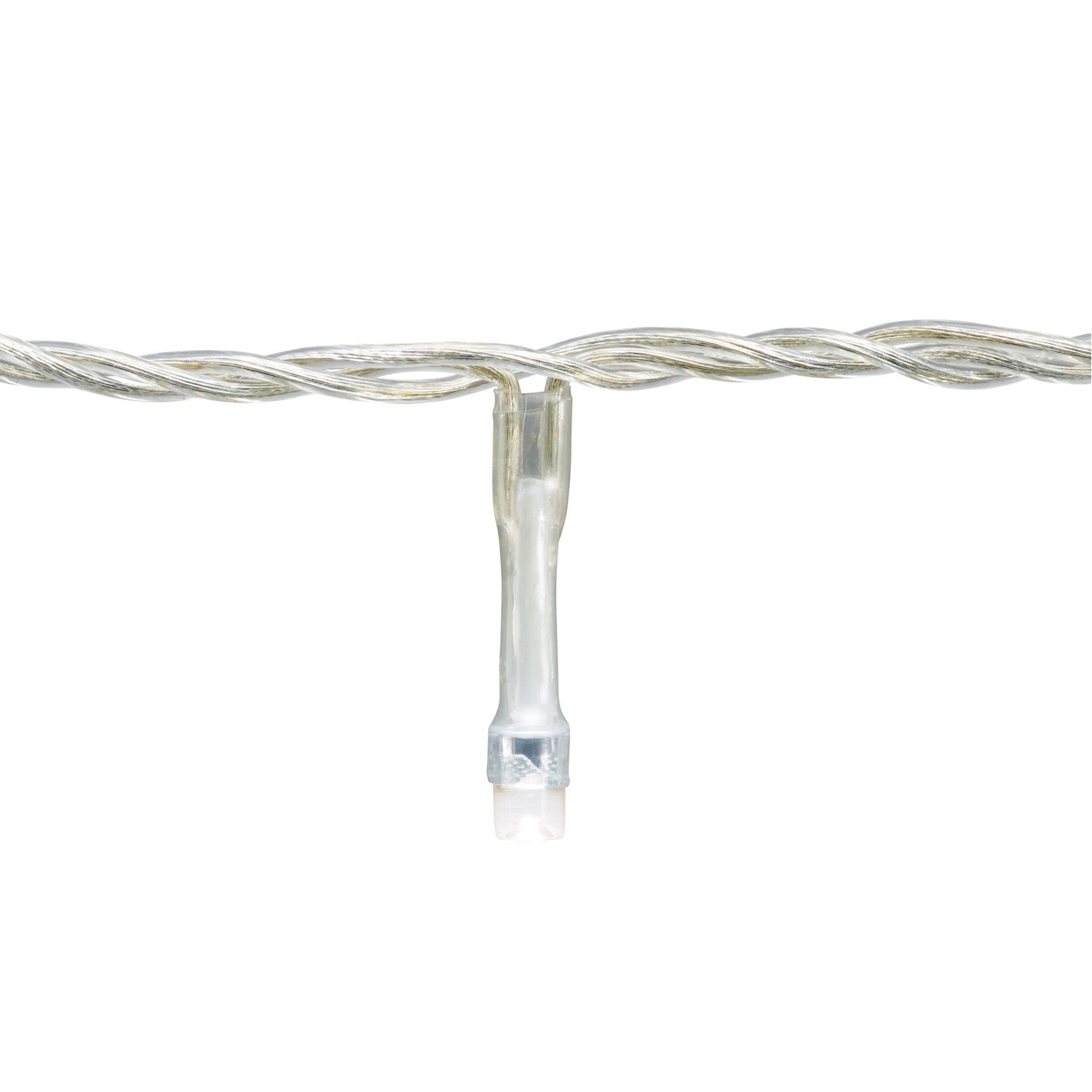 Detailaufnahme: LED-Lichterkette mit warmweißen LEDs und transparentem Kabel.