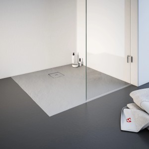 Quadratische, graue Schulte Duschwanne ExpressPlus 90x90 cm aus Mineralguss mit Ablauf und leichter Struktur.