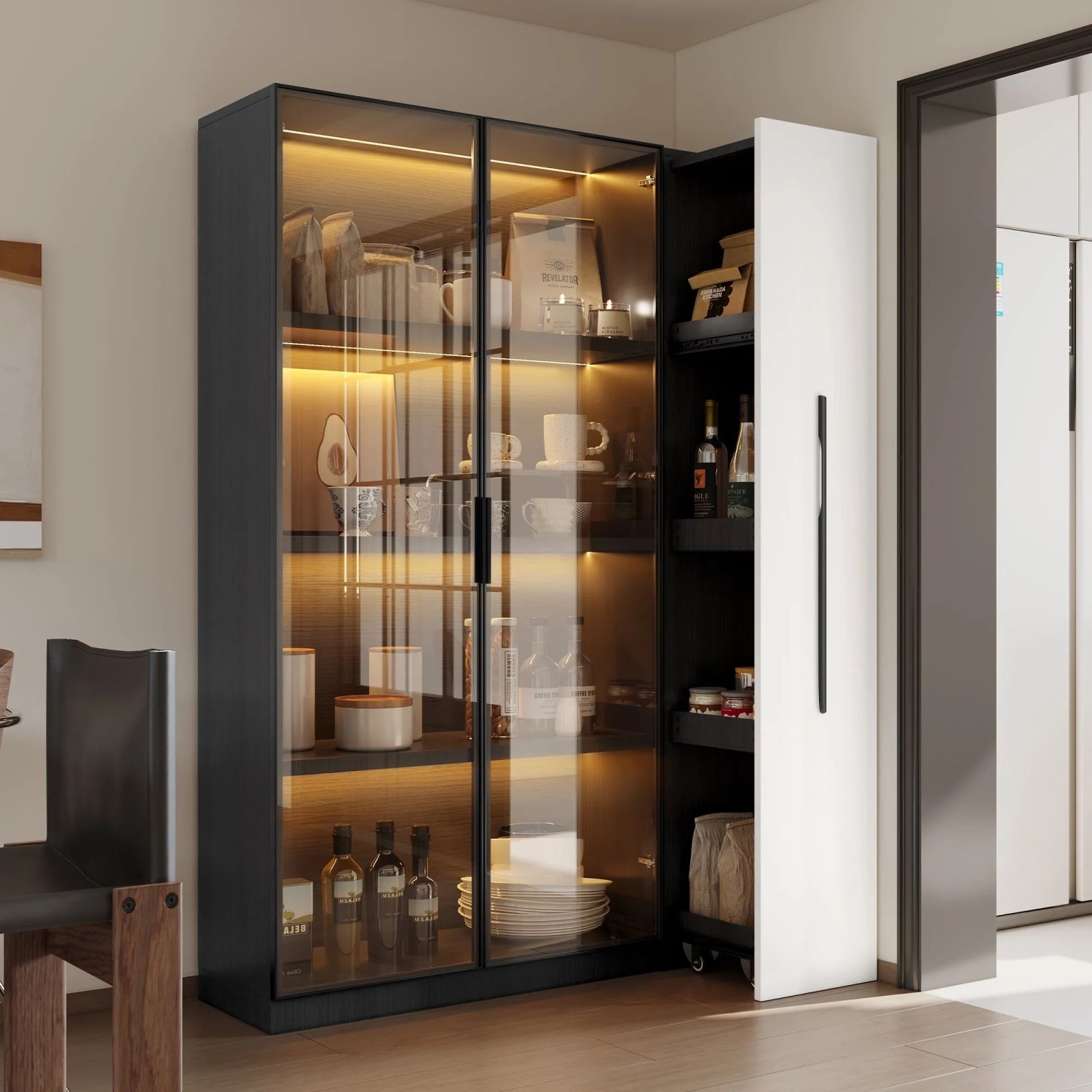 okwish Vitrine mit LED Glastür Rollschrank Esszimmer 110x35x160cm Weiß Schwarz_2