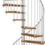 Minka Spindeltreppe Spiral Smart Eiche Weiß, Durchmesser 140 cm. Innentreppe mit Holzstufen und weißem Geländer.