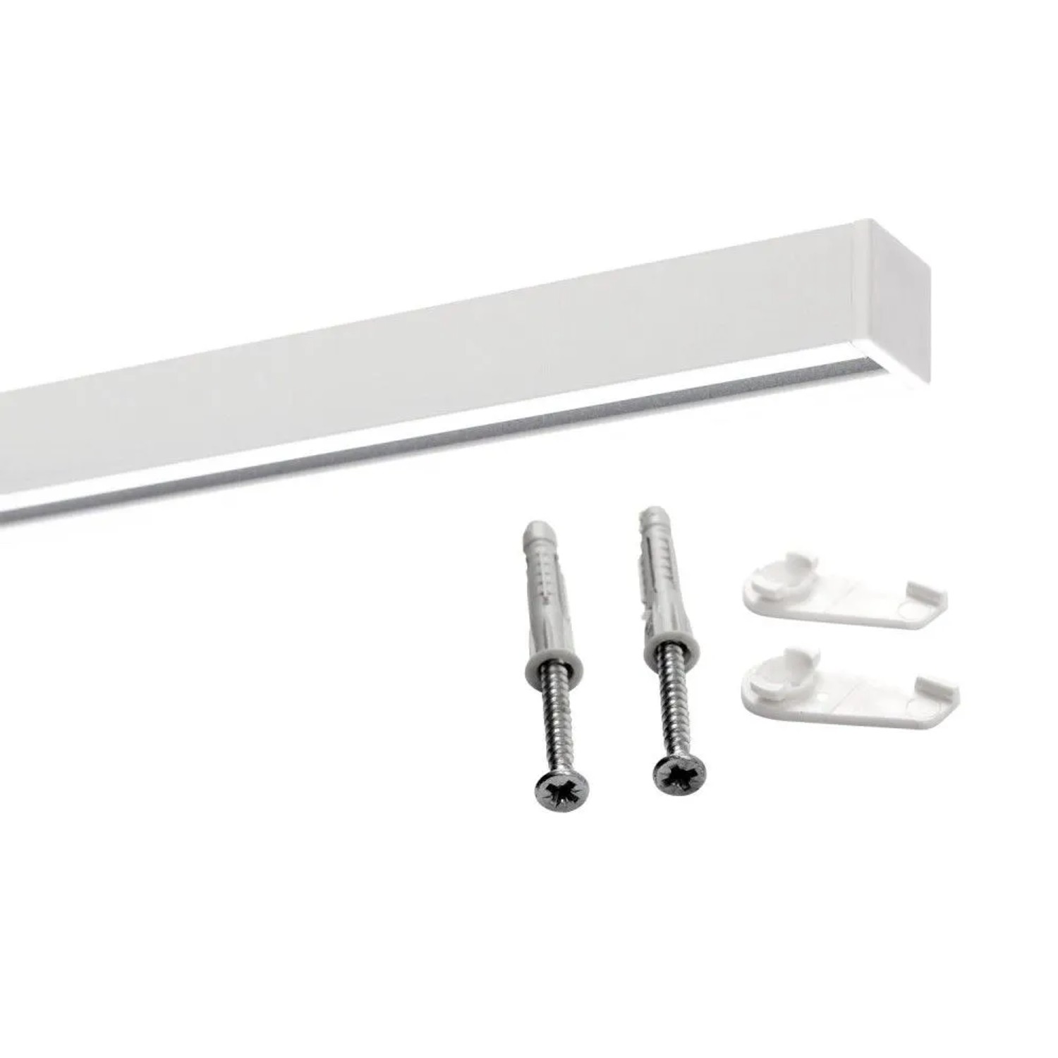 Weiße 1-Lauf Gardinenschiene Square mit 6mm Laufkanal und Befestigungsmaterial für Deckenmontage.