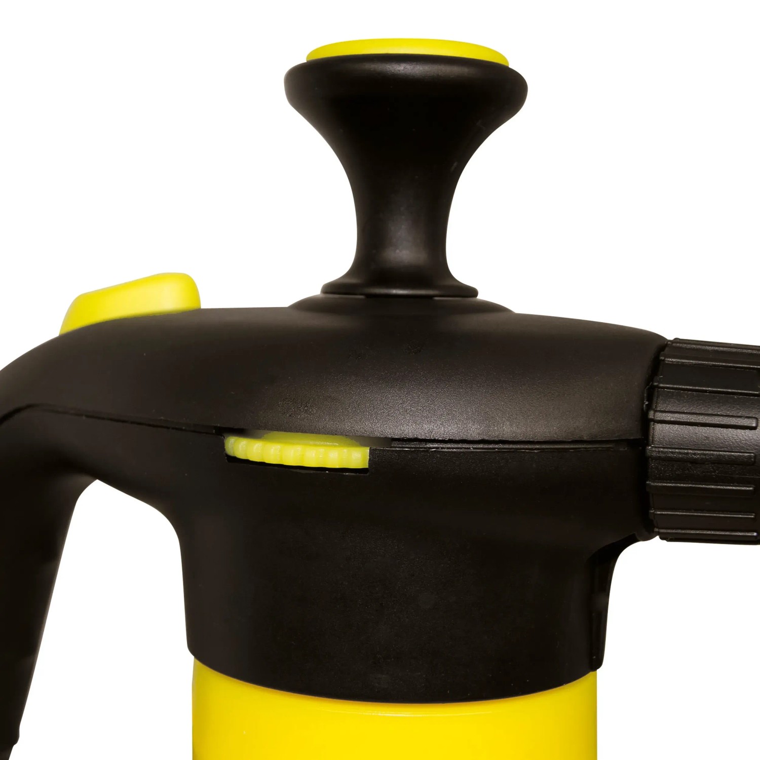 Detailaufnahme: Mesto Bugsi 360° Drucksprüher, 1,5 l, gelb/schwarz. Düse und Pumpe im Fokus.