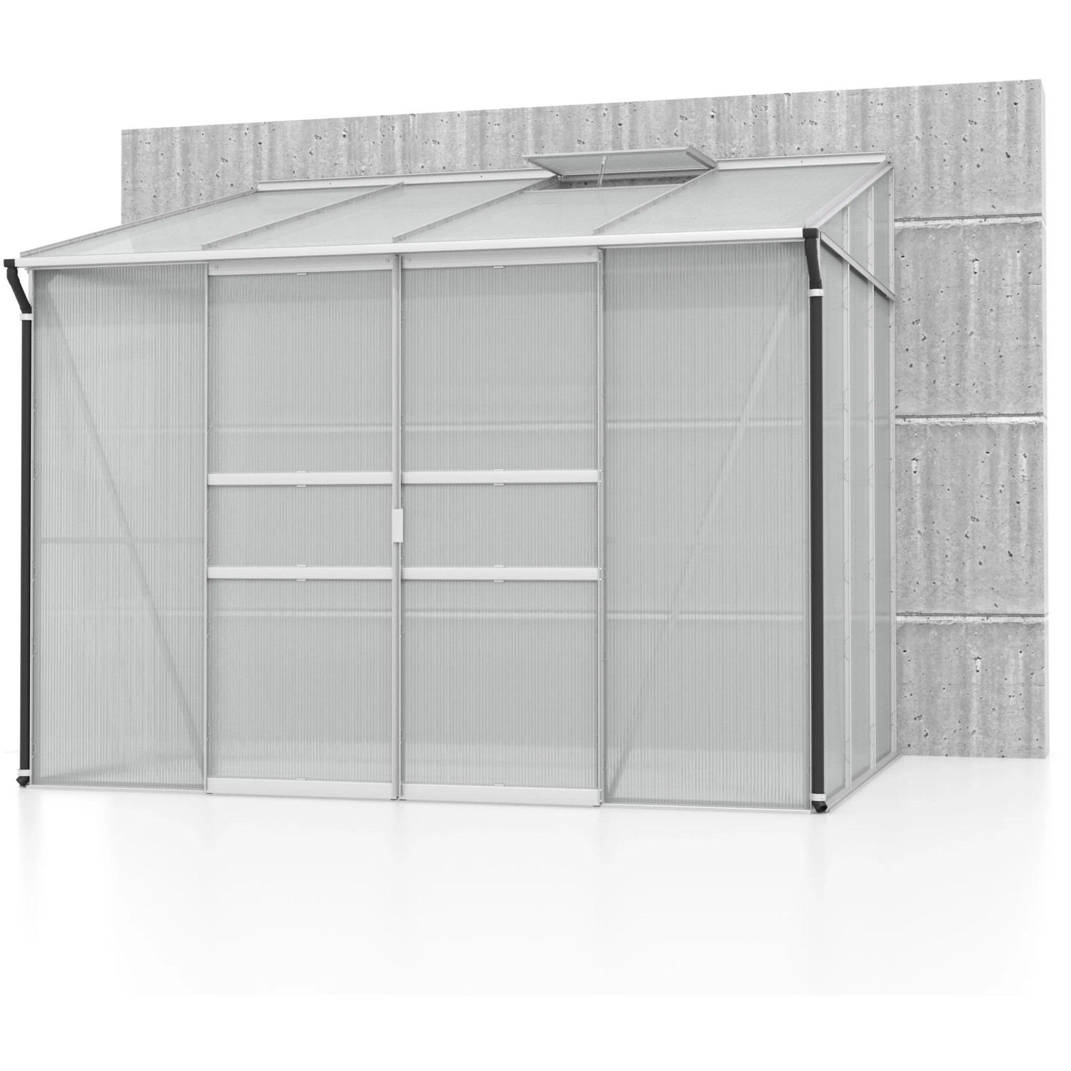 Anlehn-Gewächshaus Ida 5200 mit Alu-Rahmen und Hohlkammerplatten, an Hauswand montiert.