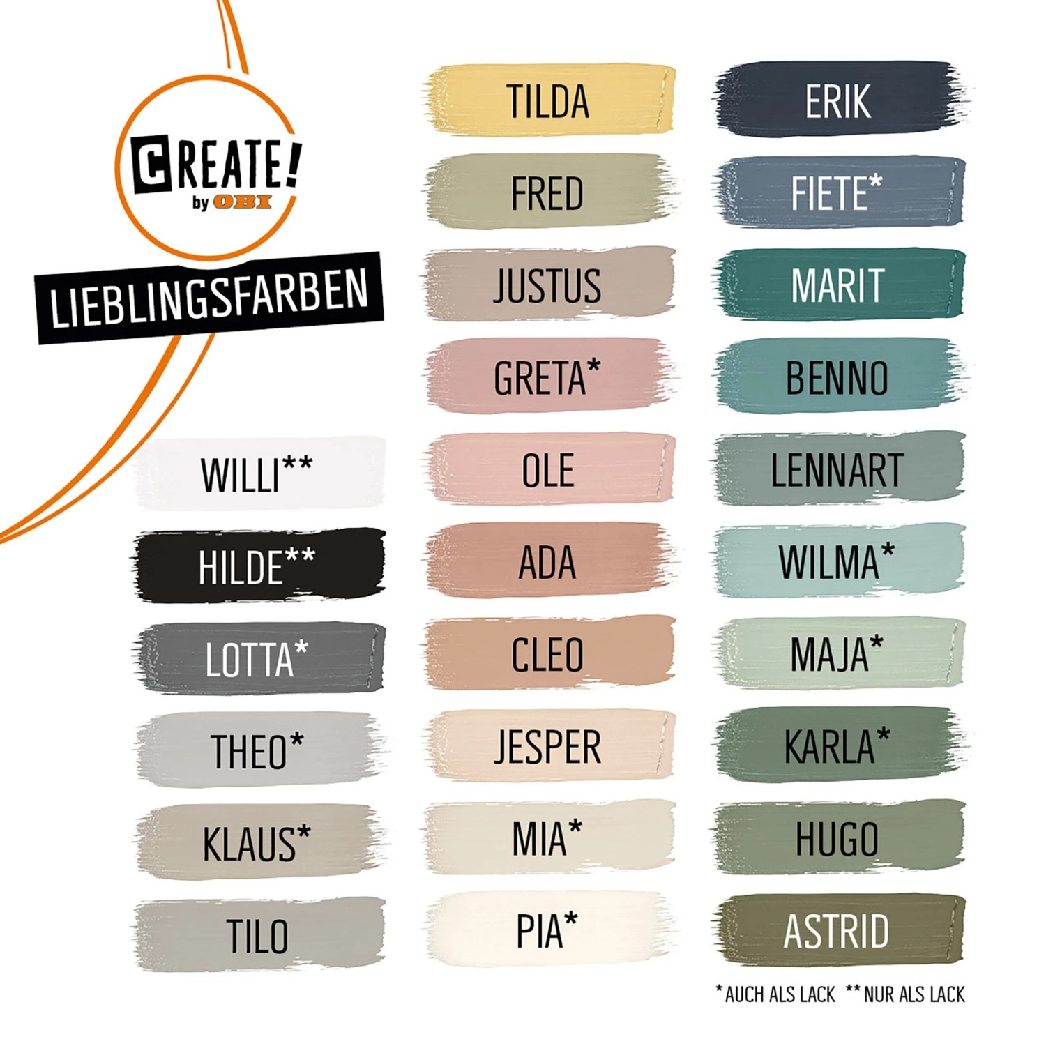 Farbmusterkarte CREATE! by OBI Lieblingsfarben mit verschiedenen Farbtönen.