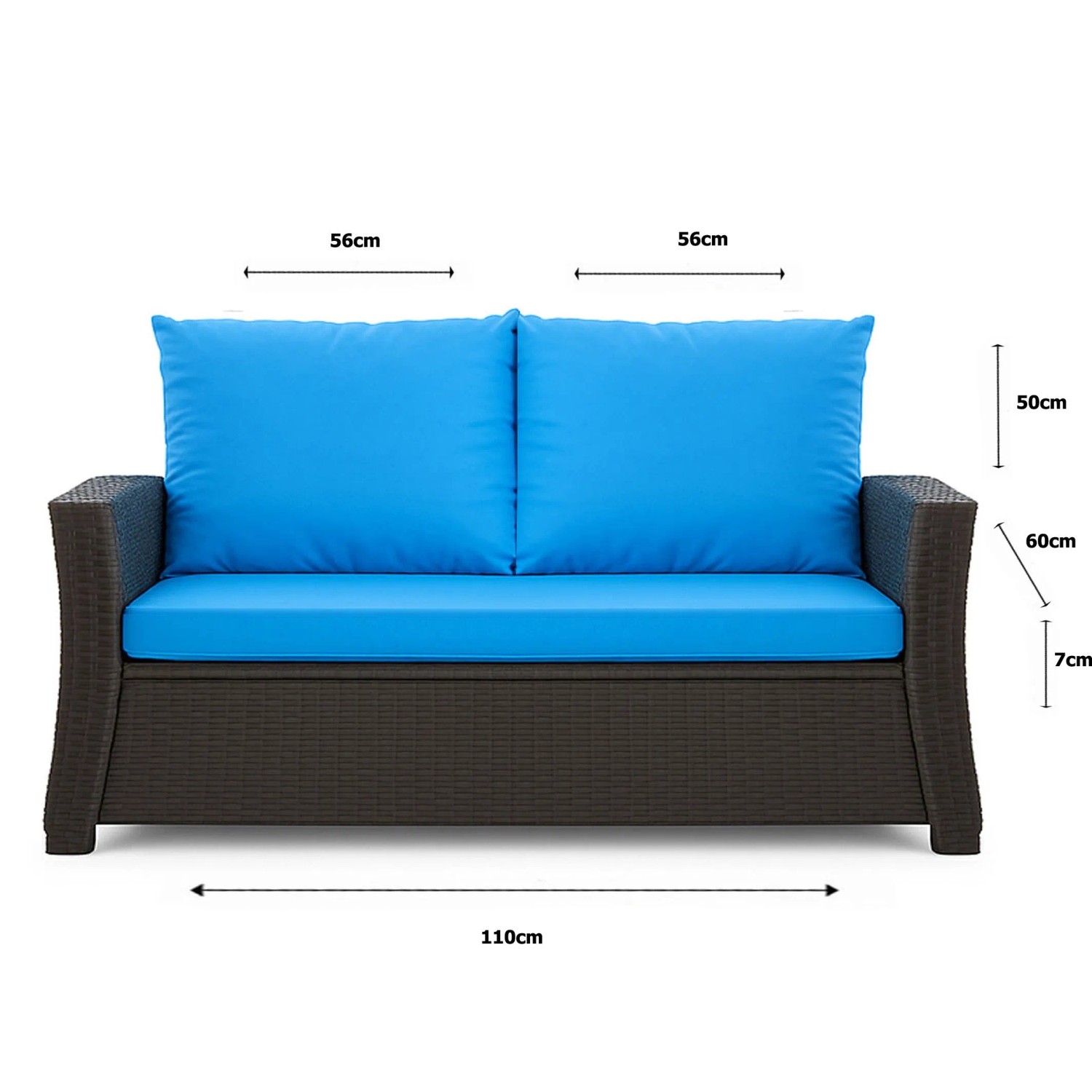 Blaues Gartenkissen-Set für 2-Sitzer Polyrattan-Gartensofa, 110x60x50 cm.