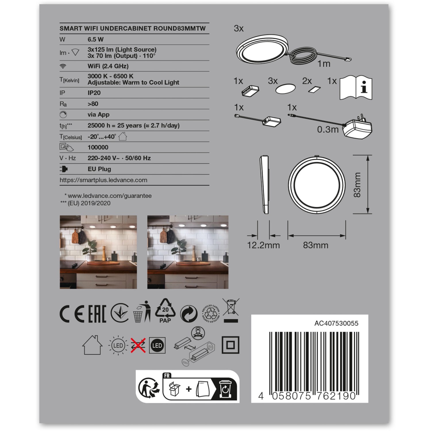 Ledvance Smart+ WiFi Unterbauleuchte Rund, weiße LED Küchenleuchte mit Zubehör und technischen Daten.
