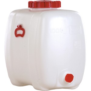 Ovales, weißes 100 l Kunststofffass von Graf mit rotem Schraubdeckel und Auslaufstutzen.
